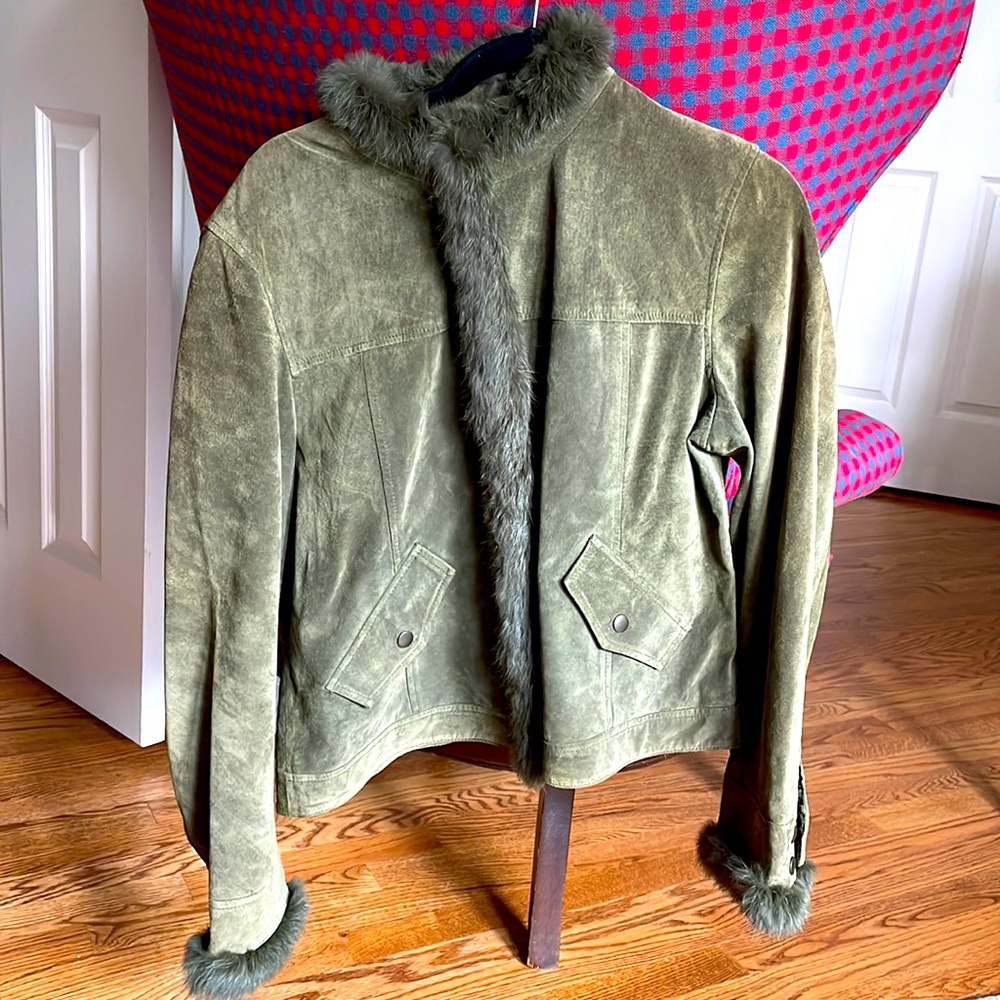 Olive green leather jacket with rabbit fur